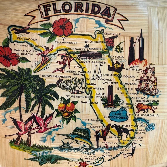 Vintage Florida Landmark Bamboo woven Serving bowl boho Kitschy - Picture 3 of 3